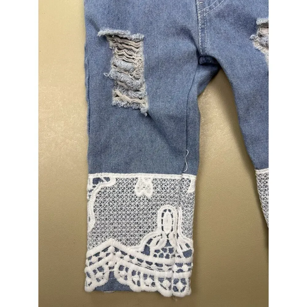 Baby Girl Lace Bodysuit Jeans Outfit Set Size 70 Distressed Denim EUC